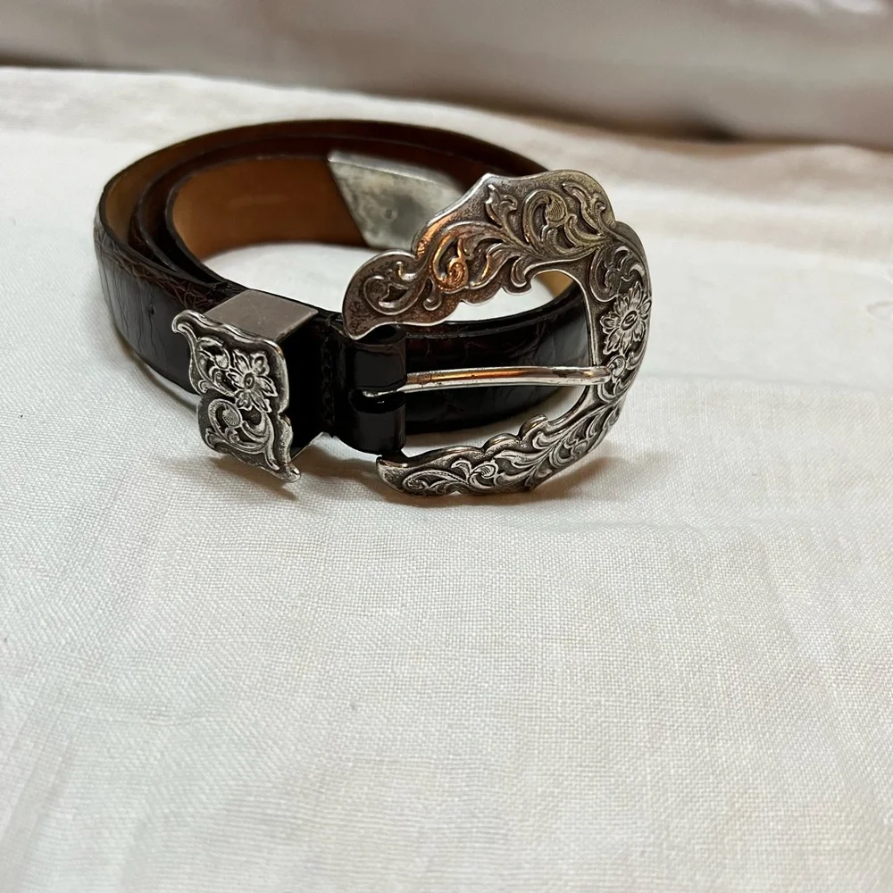 Saks Fifth Avenue -Brown Leather Belt with Silver engraved Buckle‎ medium